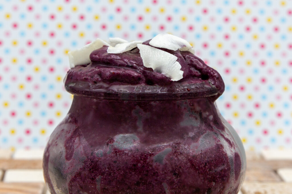 Blueberry Nicecream with coconut flakes as topping
