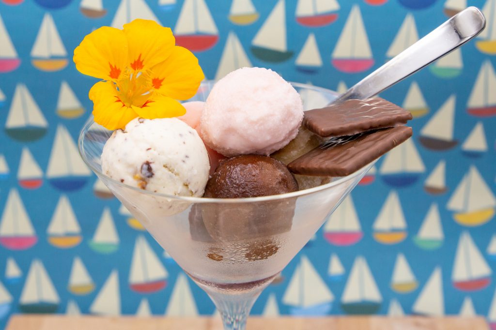 Sundae with different kinds of homemade ice cream