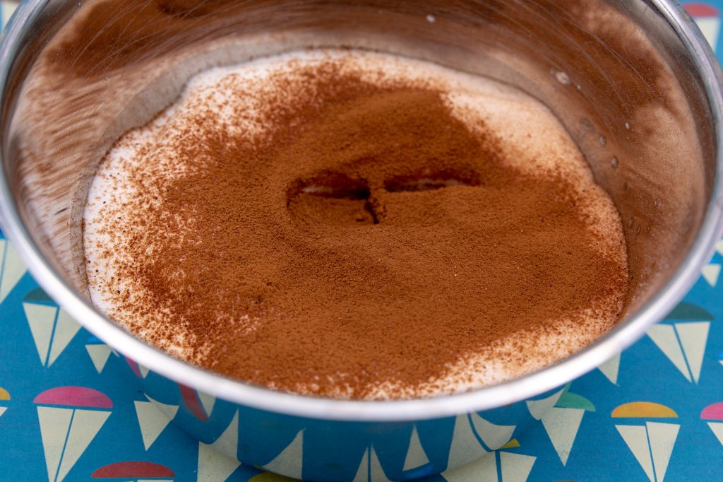 Sieve the cocoa powder over the snow and fold in