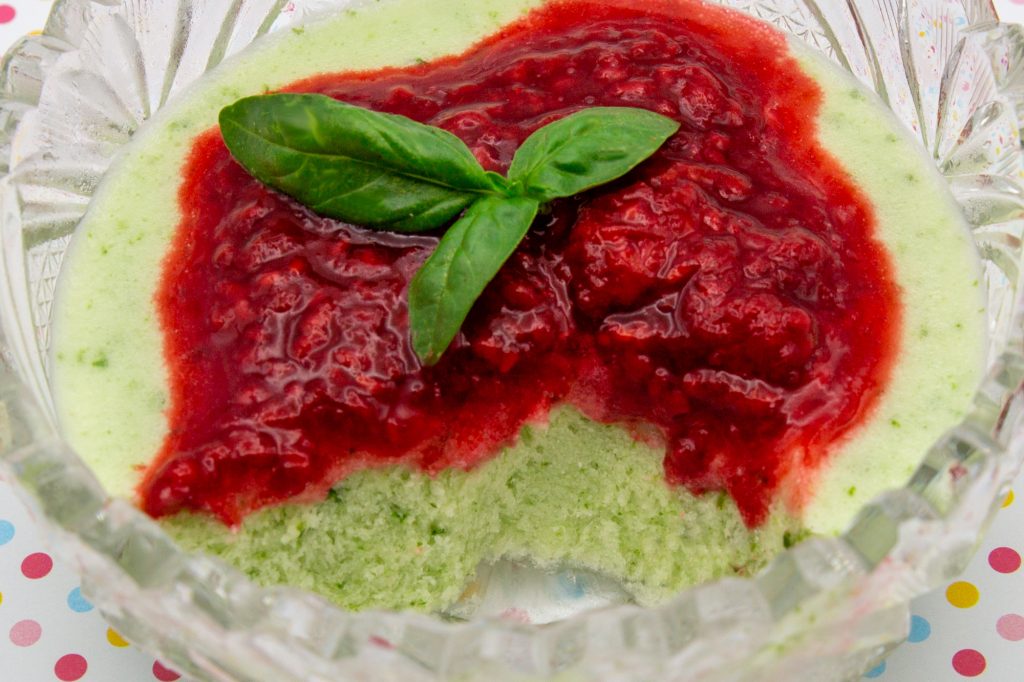 Basil ice cream with raspberry balsamic topping is a great combination in terms of taste.