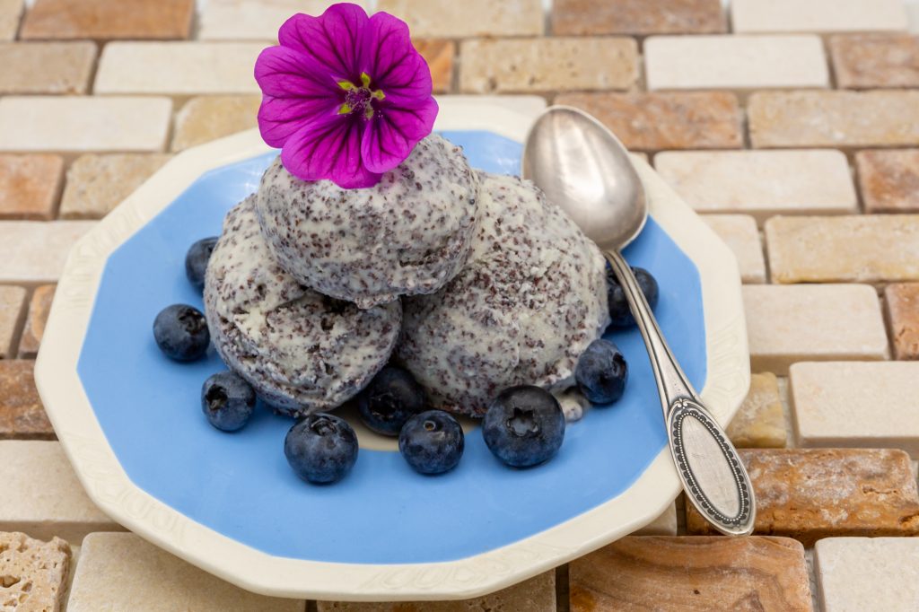 Herrliches gefrorenes Mohn-Dessert arrangiert mit Blaubeeren.