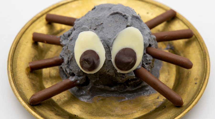 The finished spider with legs made of mikado sticks and eyes of white and dark chocolate.