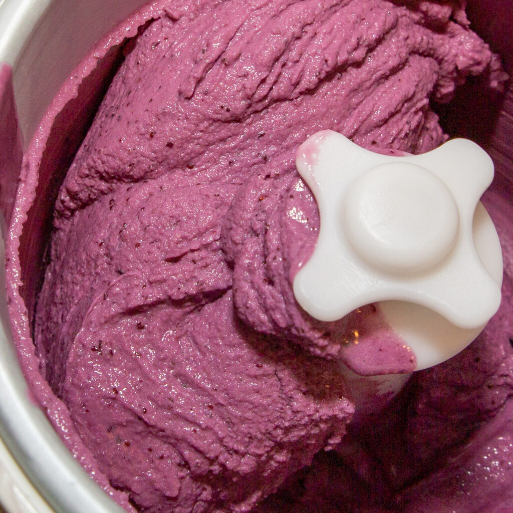 Ready blueberry ice cream after freezing in the ice cream maker.