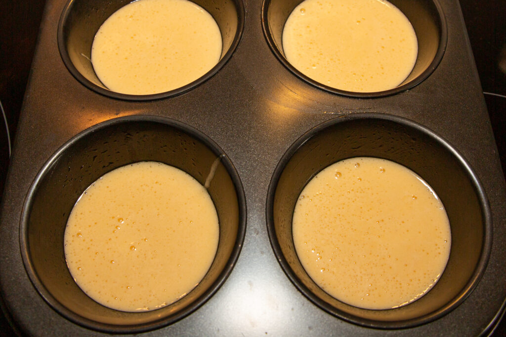 Pour dough into a baking dish or muffin tin. The dough becomes about 1.5 times the height due to baking.