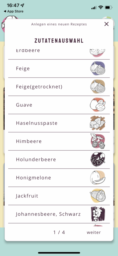 In der Elke - Eismacher App gibt es über 90 Zutaten, aus denen ihr wählen könnt. Oder ihr legt eure eigene Zutat an.