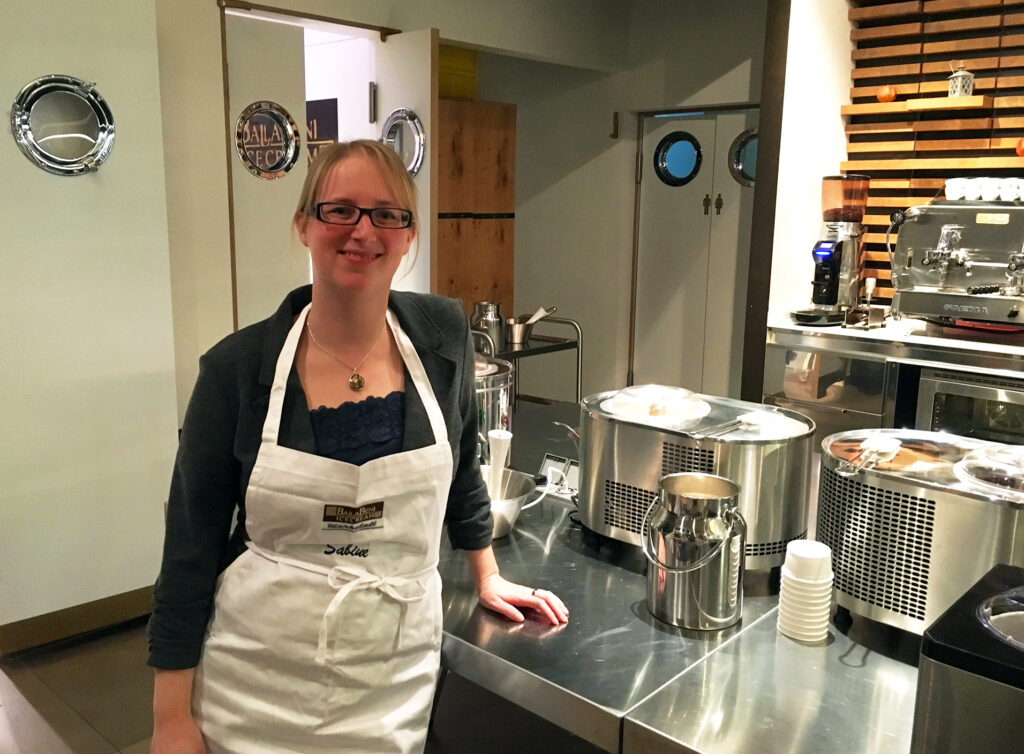 The ice maker at the Ballabeni Icecream ice course. There are banana sorbet and chocolate ice cream in the two ice cream machines. 