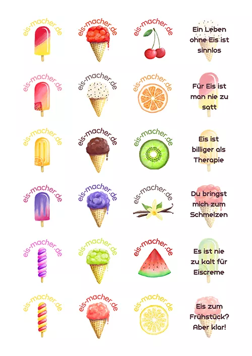 Eis-Sticker Vorschaubild Viele bunte Eis-Sticker als Druckvorlage. Der Download-Button befindet sich gleich darunter.
