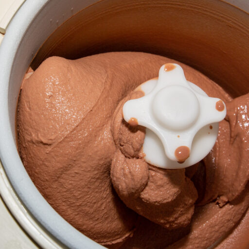 The finished chocolate ice cream without sugar in the ice cream maker.