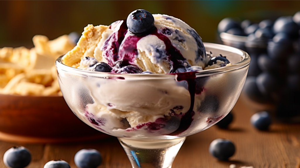 Cremiges Cheesecake-Eis mit Blueberry-Variegato und Keksen.