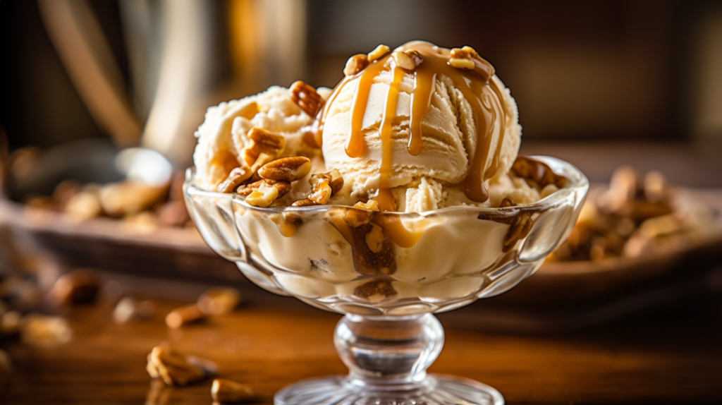 Erdnussbutter-Eis Erdnussbutter-Eis mit Karamellsauce und karamellisierten Nüssen