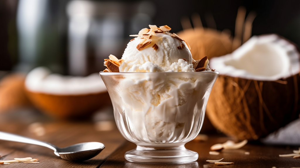 Kokosnuss-Eis Cremiges selbst gemachtes Kokosnuss-Eis mit gerösteten Mandelblättchen.