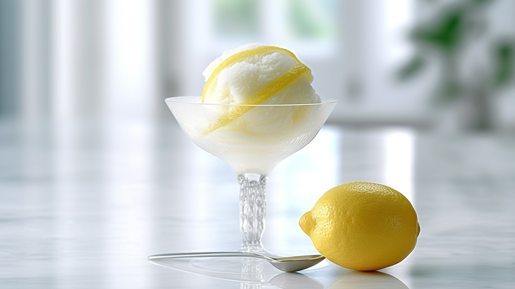 Refrescante sorbete de limón adornado con tiras de piel de limón.
