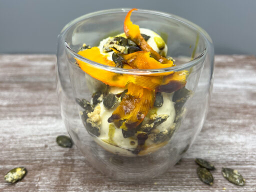 Vanilla ice cream with caramelized pumpkin, seeds and pumpkin seed oil makes a nice autumnal dessert.