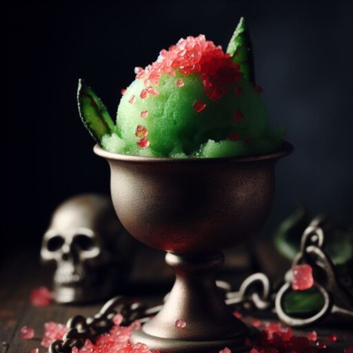 Ein Zaubertrank aus grünem Eis mit rotem Knisterpulver sieht nicht nur gut aus, sondern macht auch noch Spaß beim Essen. Ein wirklich einfaches aber effektvolles Dessert zu Halloween.
