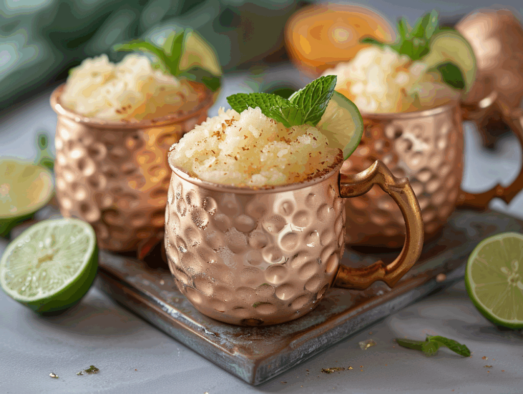 Gin-Tonic-Sorbet in schönen Kupferbechern serviert  macht richtig Lust auf Eis-Cocktails.