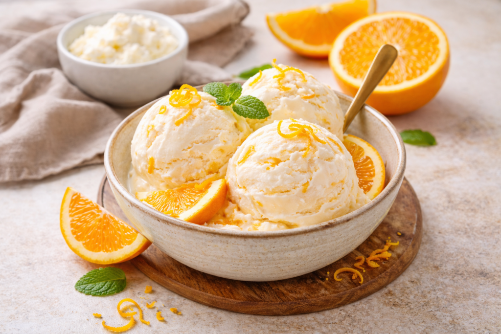 Orangen-Ricotta-Eis: cremiges Milch-Eis mit feiner Zitrusnote.