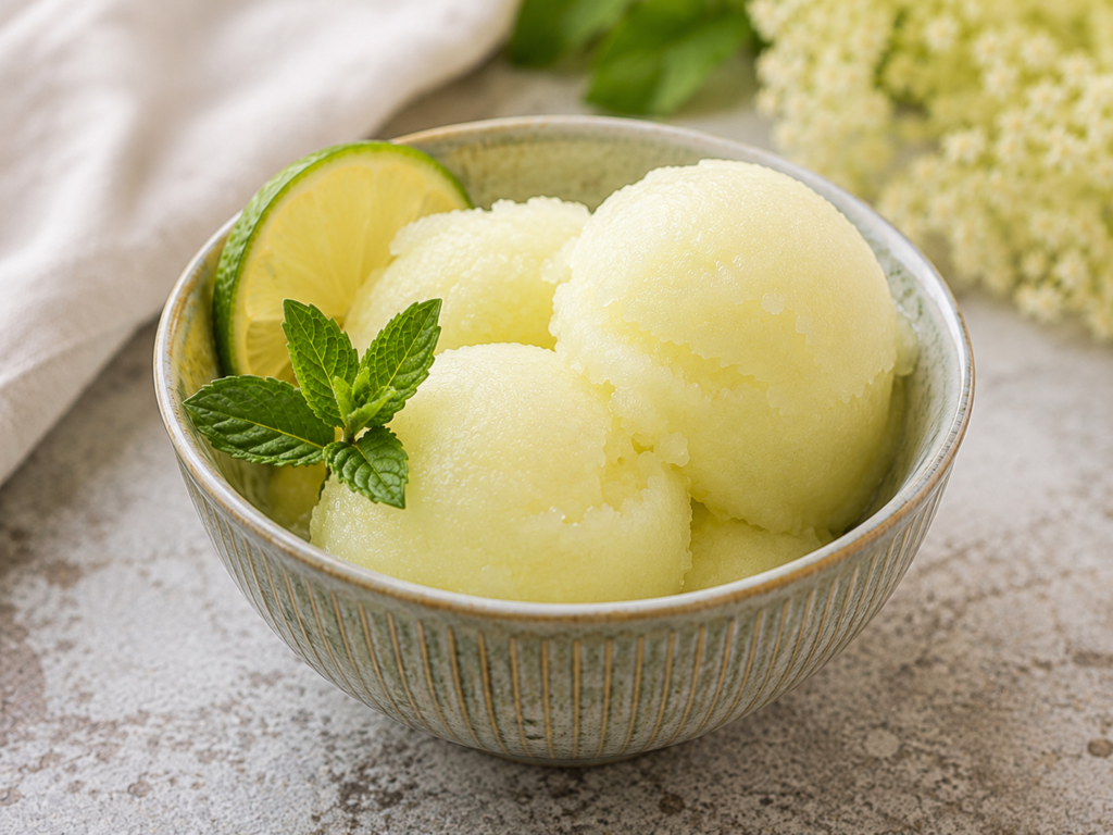 Hugo-Sorbet mit frischer Minze im Glas und Holunderblüten